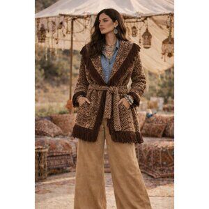 NWT Banana Republic Arella Jacquard Fringe Cardigan Sweater Brown Belted S Boho